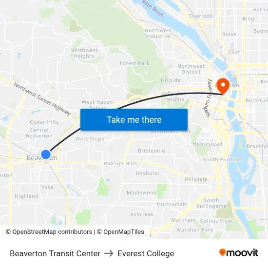Beaverton Transit Center to Everest College map