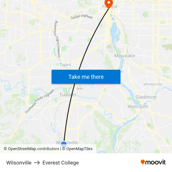 Wilsonville to Everest College map