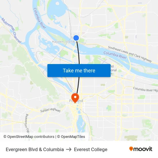 Evergreen Blvd & Columbia to Everest College map