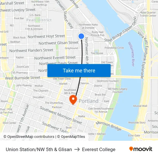 Union Station/NW 5th & Glisan to Everest College map