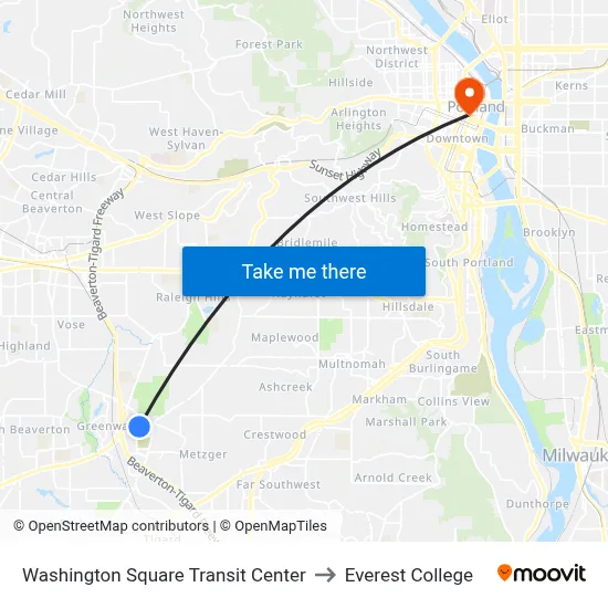 Washington Square Transit Center to Everest College map