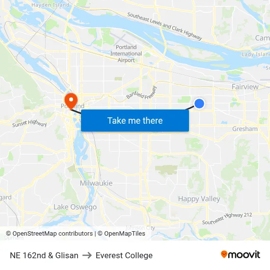 NE 162nd & Glisan to Everest College map