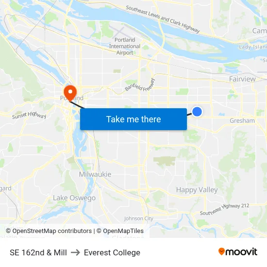 SE 162nd & Mill to Everest College map