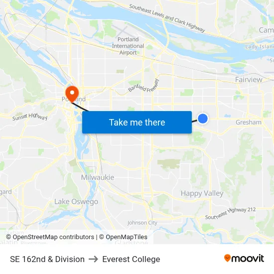 SE 162nd & Division to Everest College map