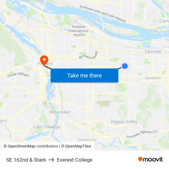SE 162nd & Stark to Everest College map
