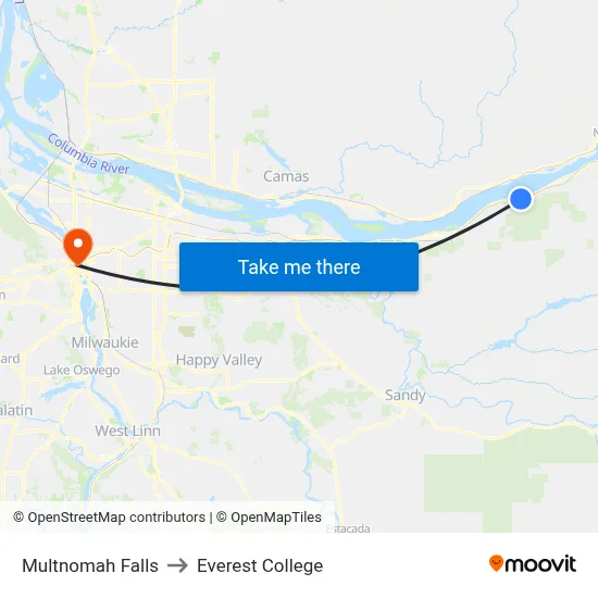 Multnomah Falls to Everest College map