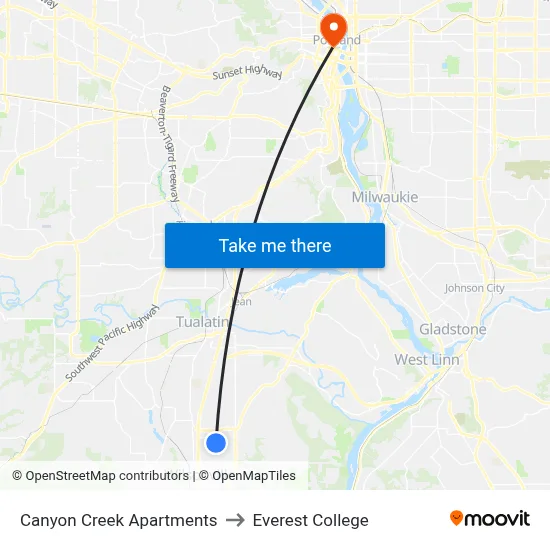 Canyon Creek Apartments to Everest College map