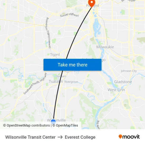 Wilsonville Transit Center to Everest College map