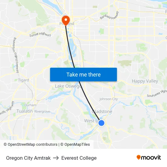 Oregon City Amtrak to Everest College map