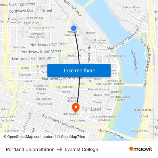 Portland Union Station to Everest College map