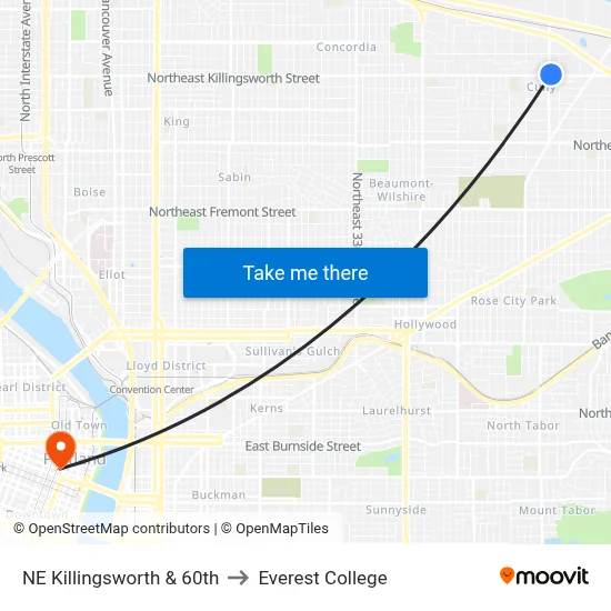 NE Killingsworth & 60th to Everest College map