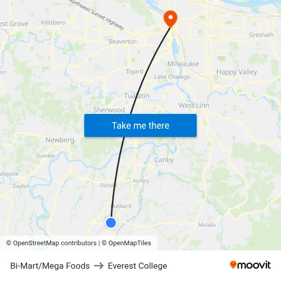 Bi-Mart/Mega Foods to Everest College map