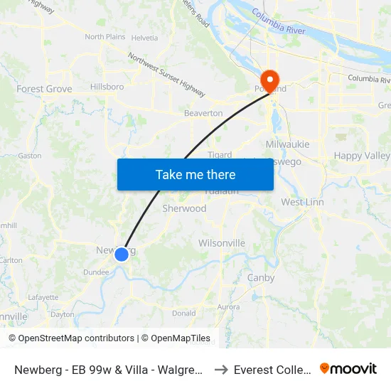 Newberg - EB 99w & Villa - Walgreens to Everest College map