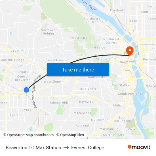 Beaverton TC Max Station to Everest College map