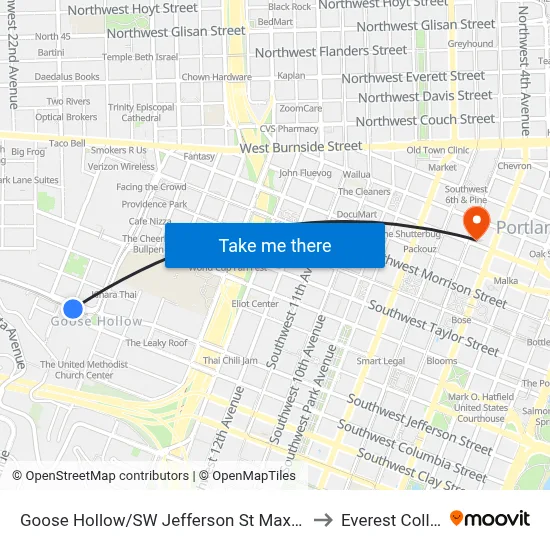 Goose Hollow/SW Jefferson St Max Station to Everest College map