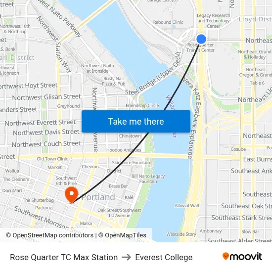 Rose Quarter TC Max Station to Everest College map