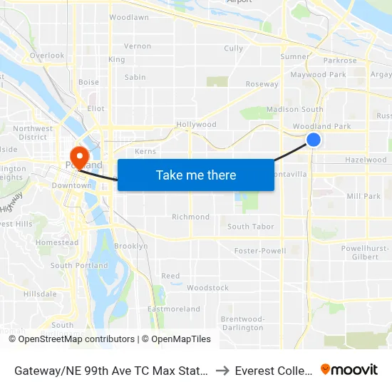 Gateway/NE 99th Ave TC Max Station to Everest College map