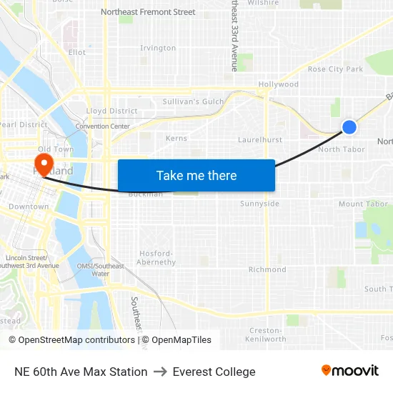 NE 60th Ave Max Station to Everest College map