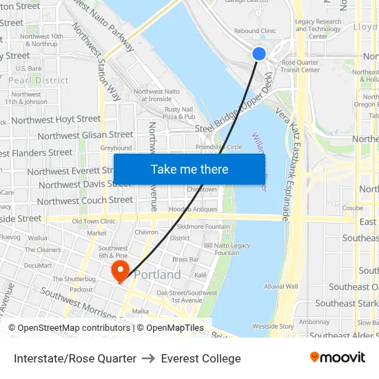 Interstate/Rose Quarter to Everest College map