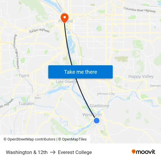 Washington & 12th to Everest College map