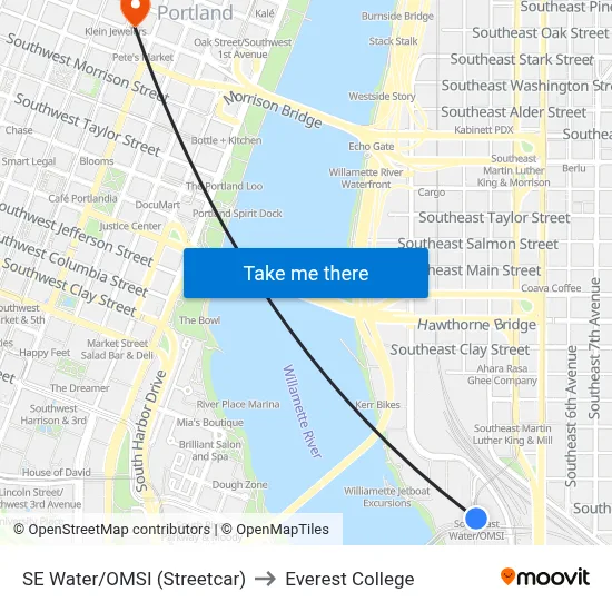 SE Water/OMSI (Streetcar) to Everest College map