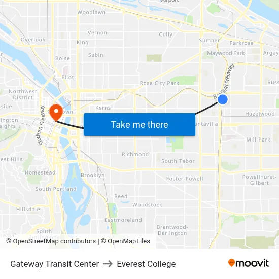 Gateway Transit Center to Everest College map