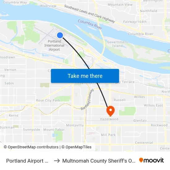 Portland Airport PDX to Multnomah County Sheriff's Office map