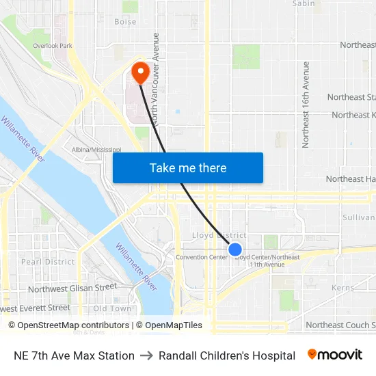 NE 7th Ave Max Station to Randall Children's Hospital map