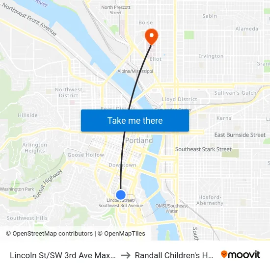 Lincoln St/SW 3rd Ave Max Station to Randall Children's Hospital map