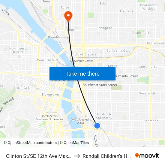 Clinton St/SE 12th Ave Max Station to Randall Children's Hospital map