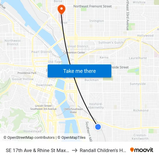 SE 17th Ave & Rhine St Max Station to Randall Children's Hospital map