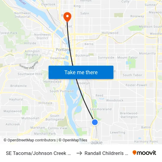 SE Tacoma/Johnson Creek Max Station to Randall Children's Hospital map
