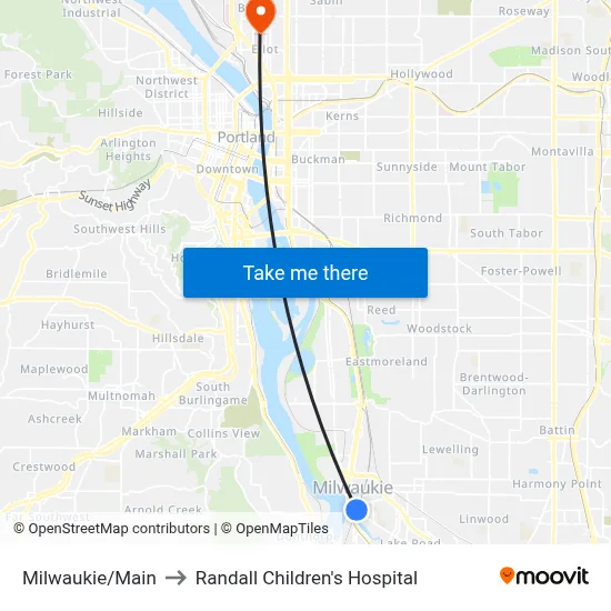 Milwaukie/Main to Randall Children's Hospital map