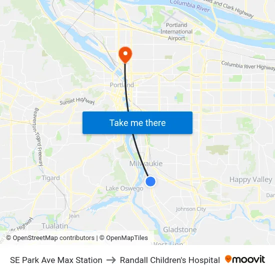 SE Park Ave Max Station to Randall Children's Hospital map
