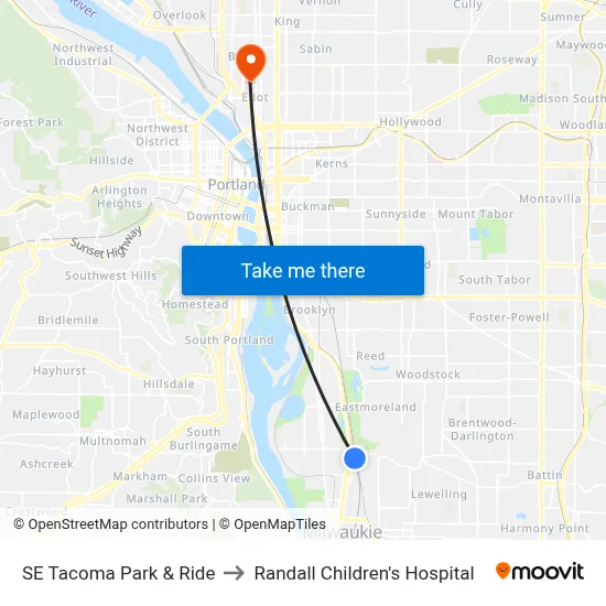 SE Tacoma Park & Ride to Randall Children's Hospital map