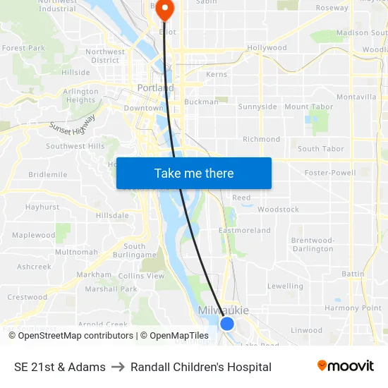 SE 21st & Adams to Randall Children's Hospital map