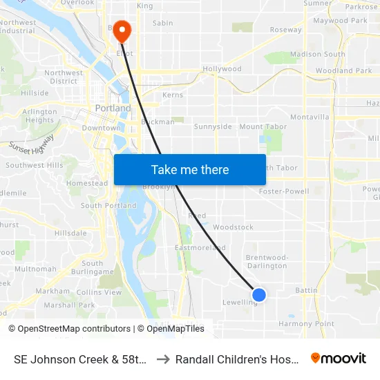 SE Johnson Creek & 58th Dr to Randall Children's Hospital map