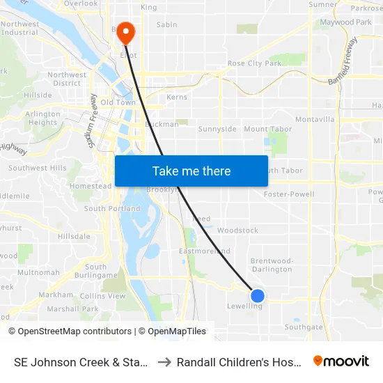 SE Johnson Creek & Stanley to Randall Children's Hospital map