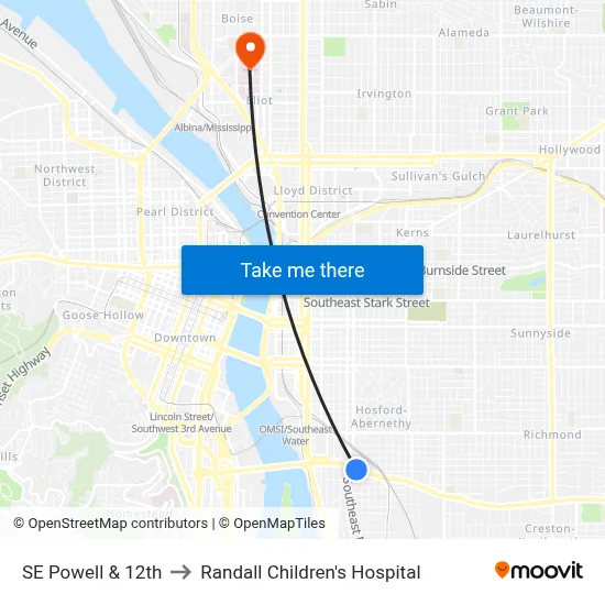 SE Powell & 12th to Randall Children's Hospital map