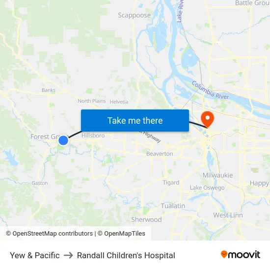 Yew & Pacific to Randall Children's Hospital map