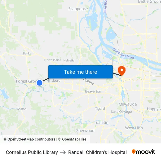Cornelius Public Library to Randall Children's Hospital map