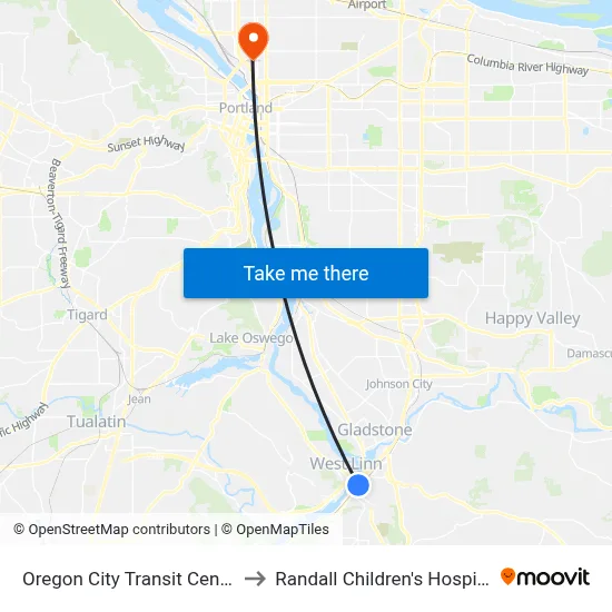 Oregon City Transit Center to Randall Children's Hospital map