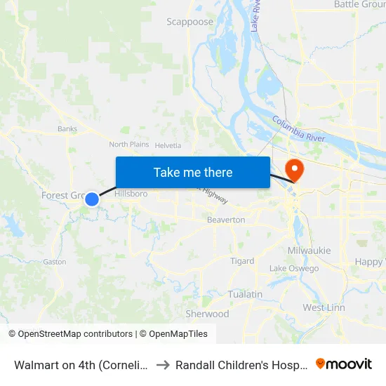 Walmart on 4th (Cornelius) to Randall Children's Hospital map