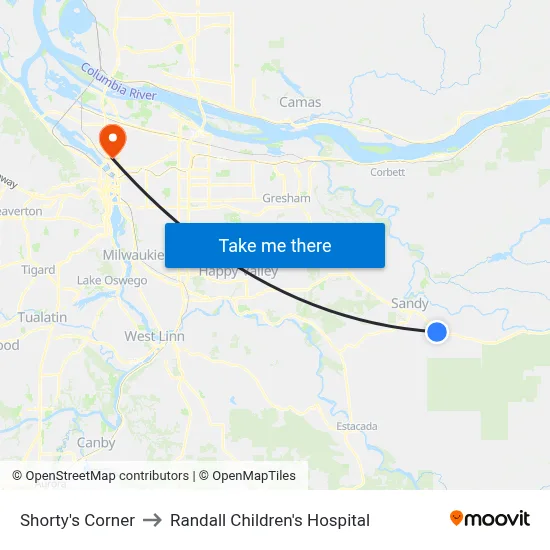 Shorty's Corner to Randall Children's Hospital map