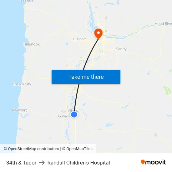 34th & Tudor to Randall Children's Hospital map