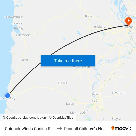 Chinook Winds Casino Resort to Randall Children's Hospital map