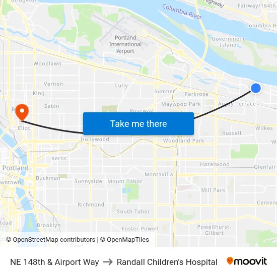 NE 148th & Airport Way to Randall Children's Hospital map