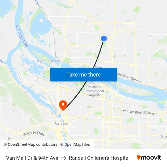 Van Mall Dr & 94th Ave to Randall Children's Hospital map