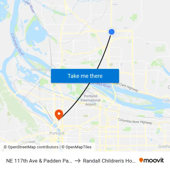 NE 117th Ave & Padden Parkway to Randall Children's Hospital map