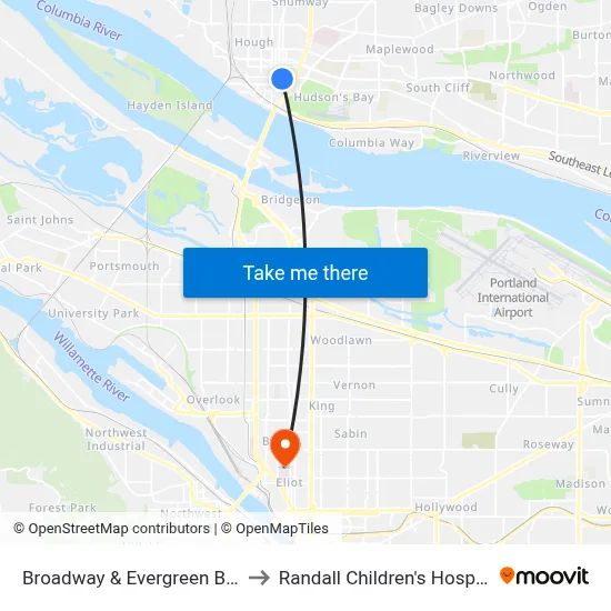 Broadway & Evergreen Blvd to Randall Children's Hospital map